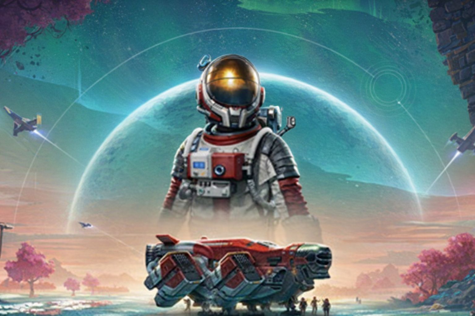 Färgglad rymdbild med astronaut, farkost och främmande planet i bakgrunden.