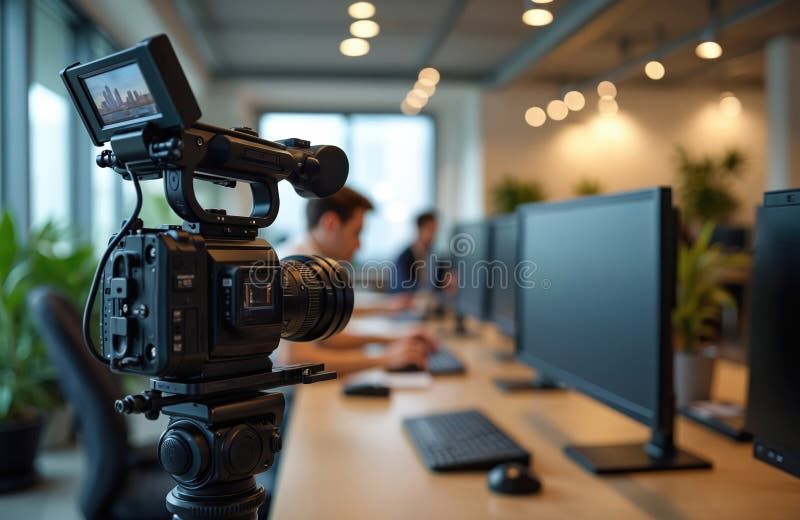 Professionell videokamera i fokus i en modern kontorsmiljö med datorer.